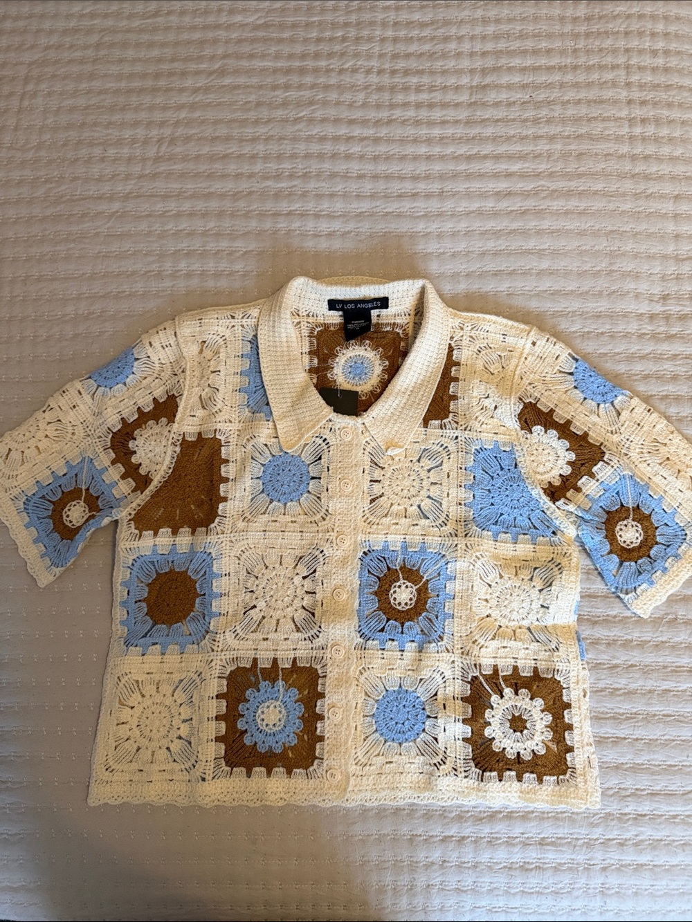 Liv Los Angelos Crochet Button-Up Lightweight Top - Cream, Blue & Brown Med ❤️ - Picture 4 of 8
